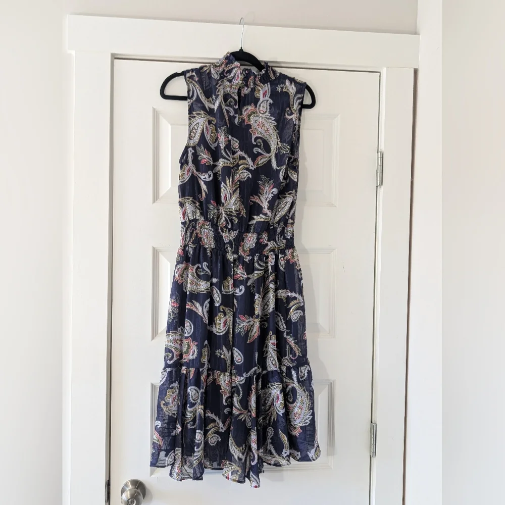 Nanette Lepore Navy Paisley High-Neck Smocked Midi Dress Size 8 - Picture 5 of 10